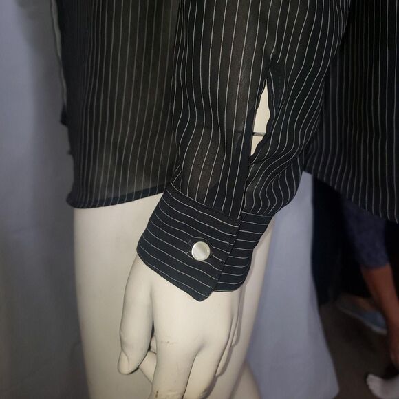 Lady Shapely Shirt Womens 42 Black White Pinstripe Sheer Long Sleeve Blouse Tie - Picture 4 of 7